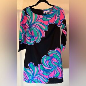 Lilly Pulitzer Black and Large Floral Cotton 3/4 Sleeve Mini Dress